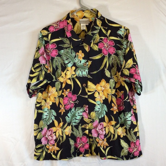 COPY - Coldwater Creek women’s shirt black size 1X 100% silk Hawaiian tropical … - Picture 1 of 8